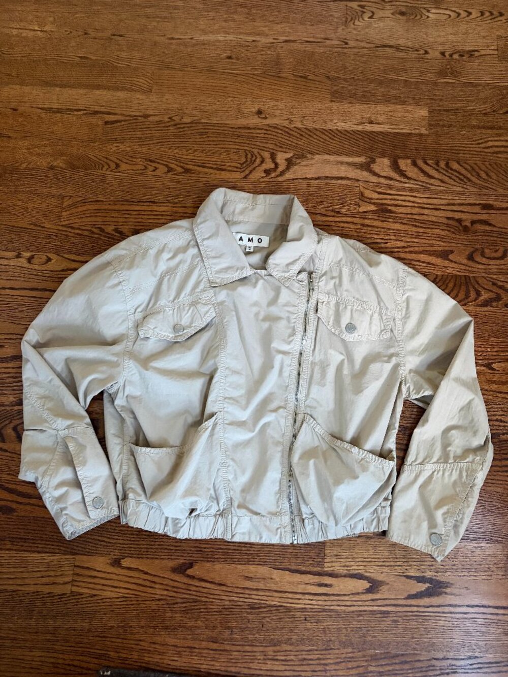Amo Jacket Light Tan Beige Utility Moto Bomber Coat Full Zip - Women Size Medium